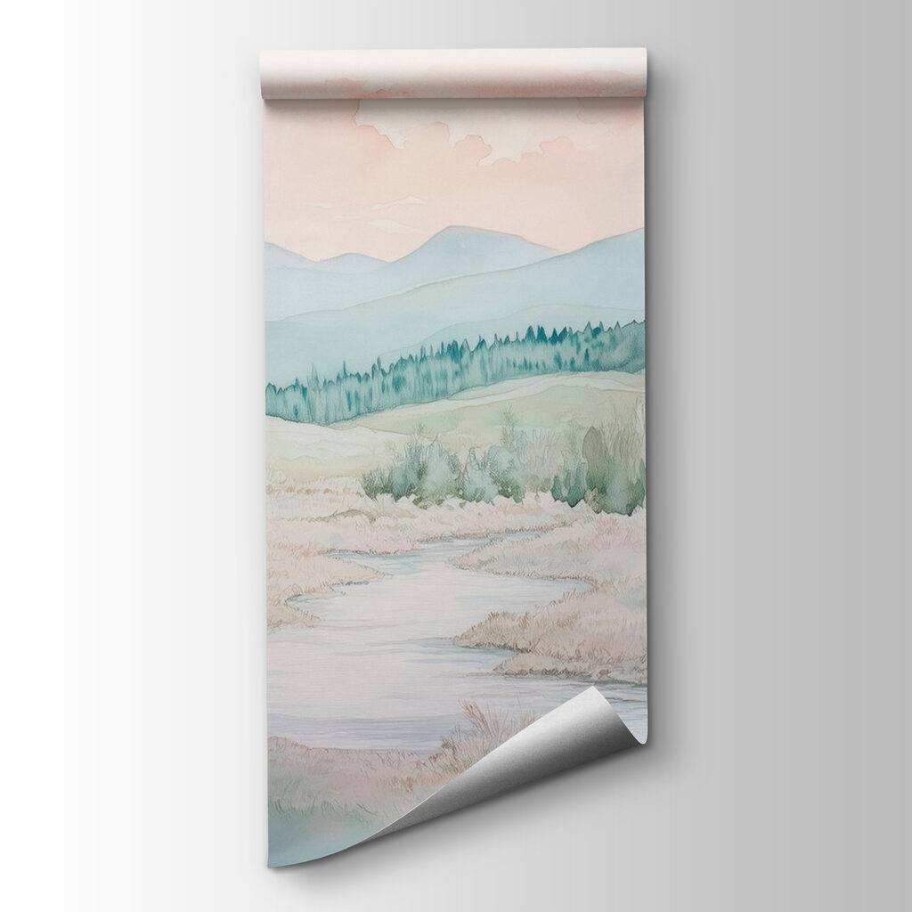 Watercolor painting of a river in a valley Watercolor painting of a river in a valley
