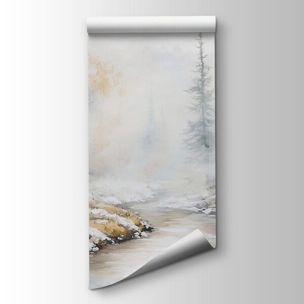 Watercolor painting of a river with trees and snow Watercolor painting of a river with trees and snow
