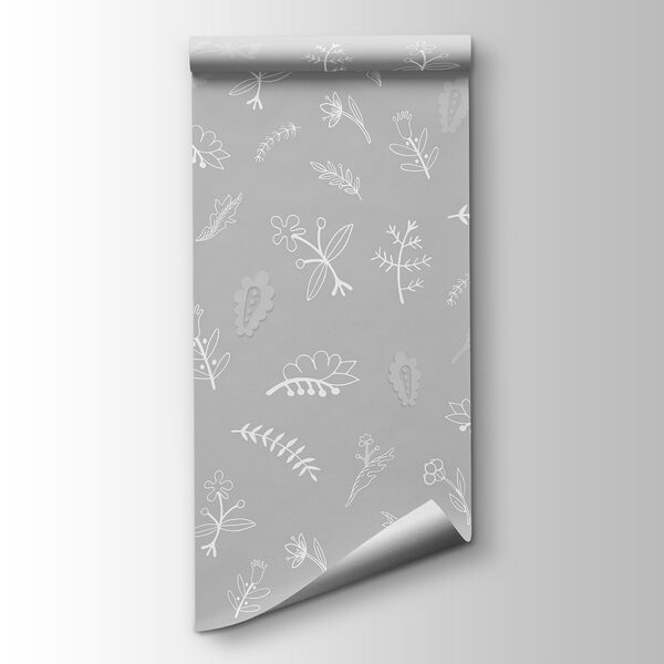 Grey background with white flowers and leaves Grey background with white flowers and leaves