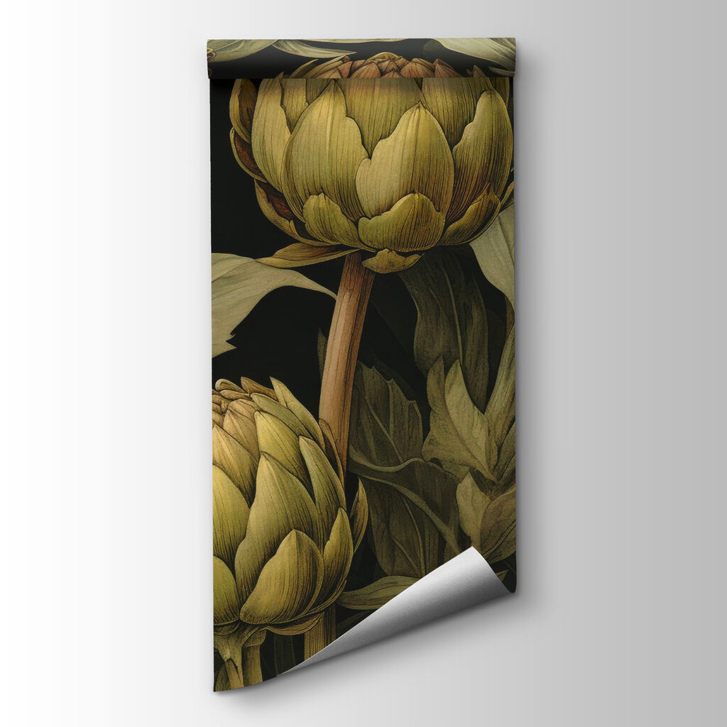 Artichokes with leaves and stems on a black background