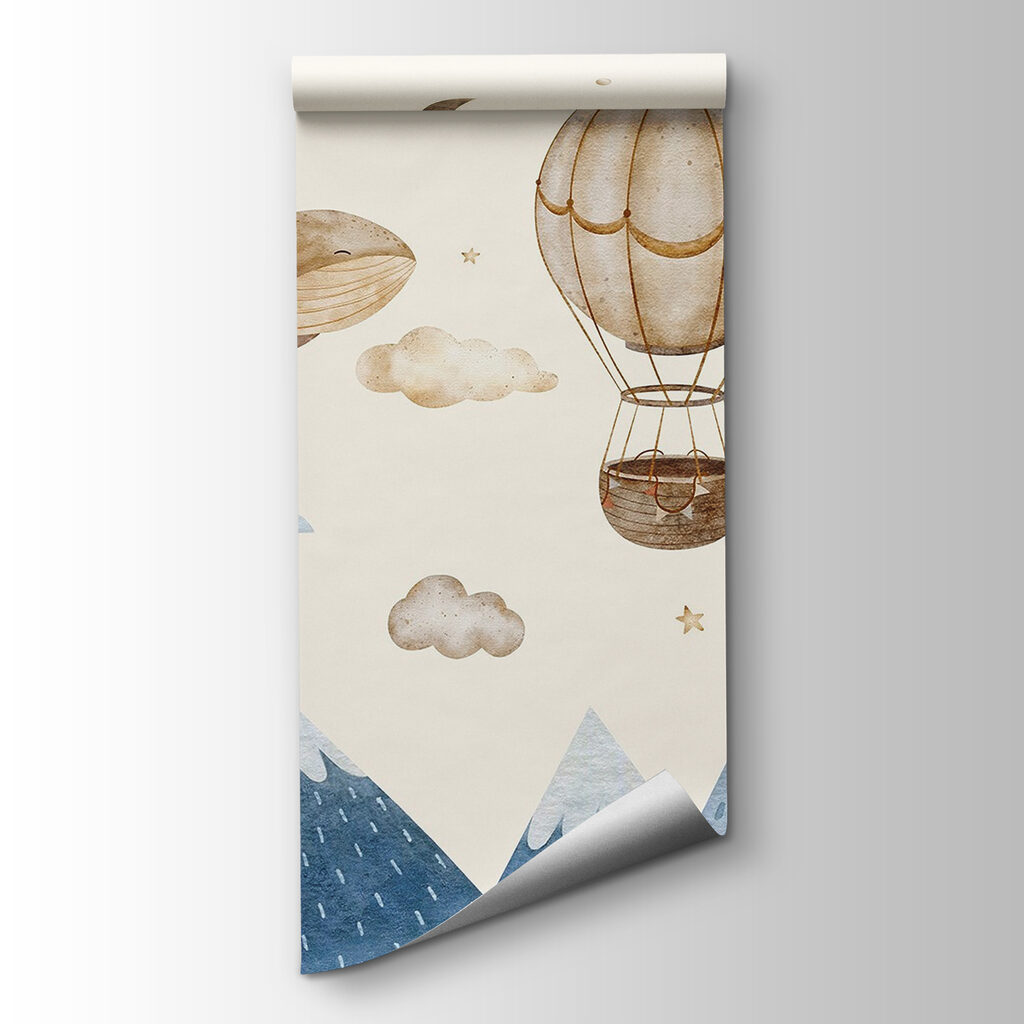 Whale and hot air balloon in the sky