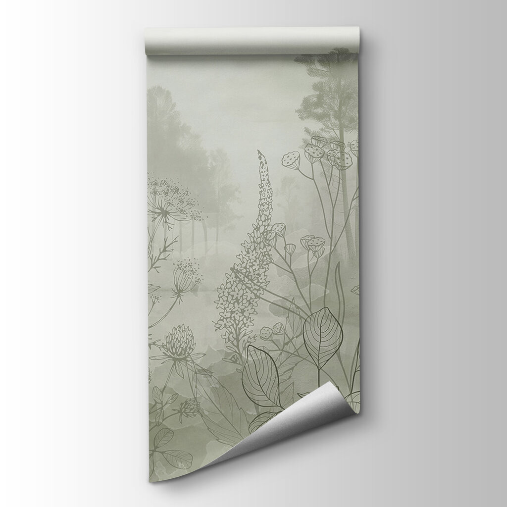 Foggy forest with trees and birds