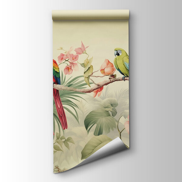 Couple of parrots on a branch with flowers