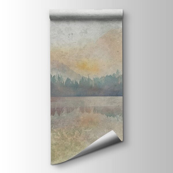 Watercolor painting of a lake with trees and mountains Watercolor painting of a lake with trees and mountains