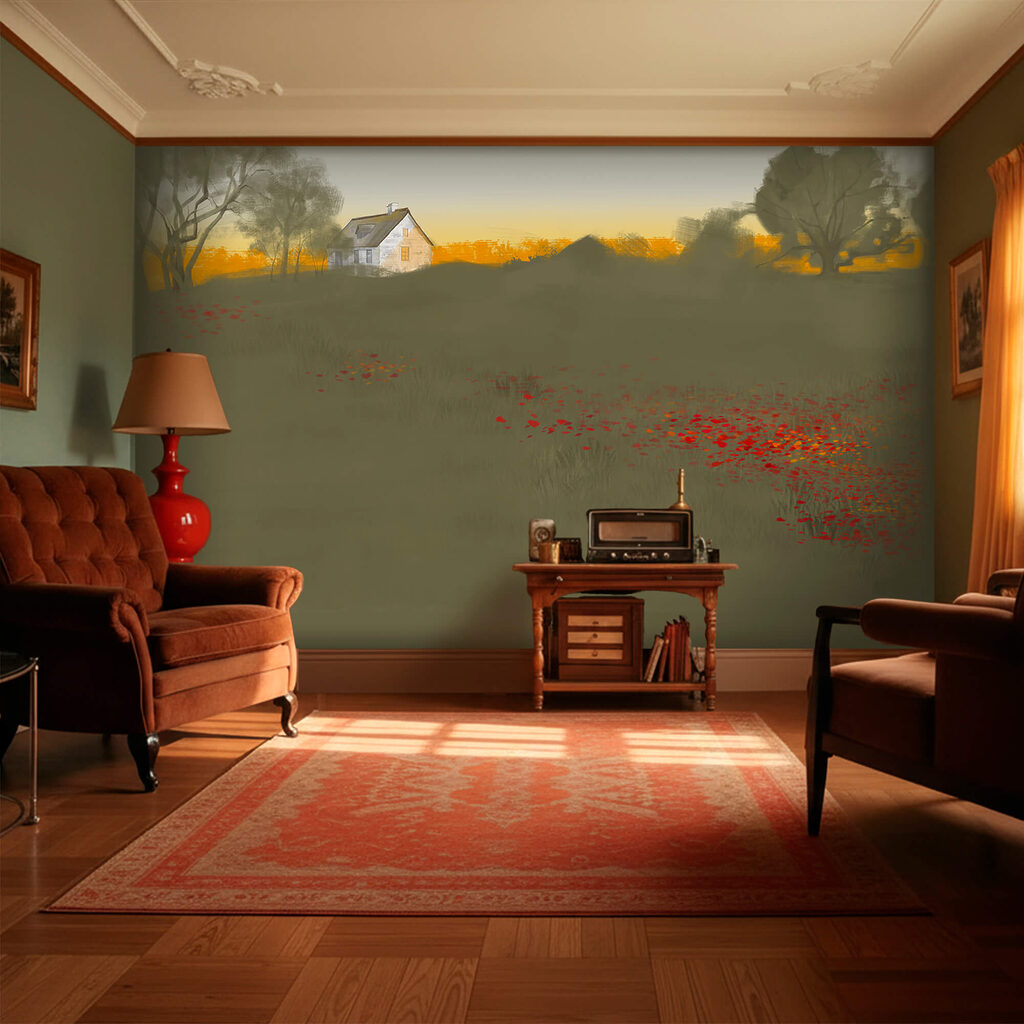 Champ de fleurs rouges avec une maison en arrière-plan