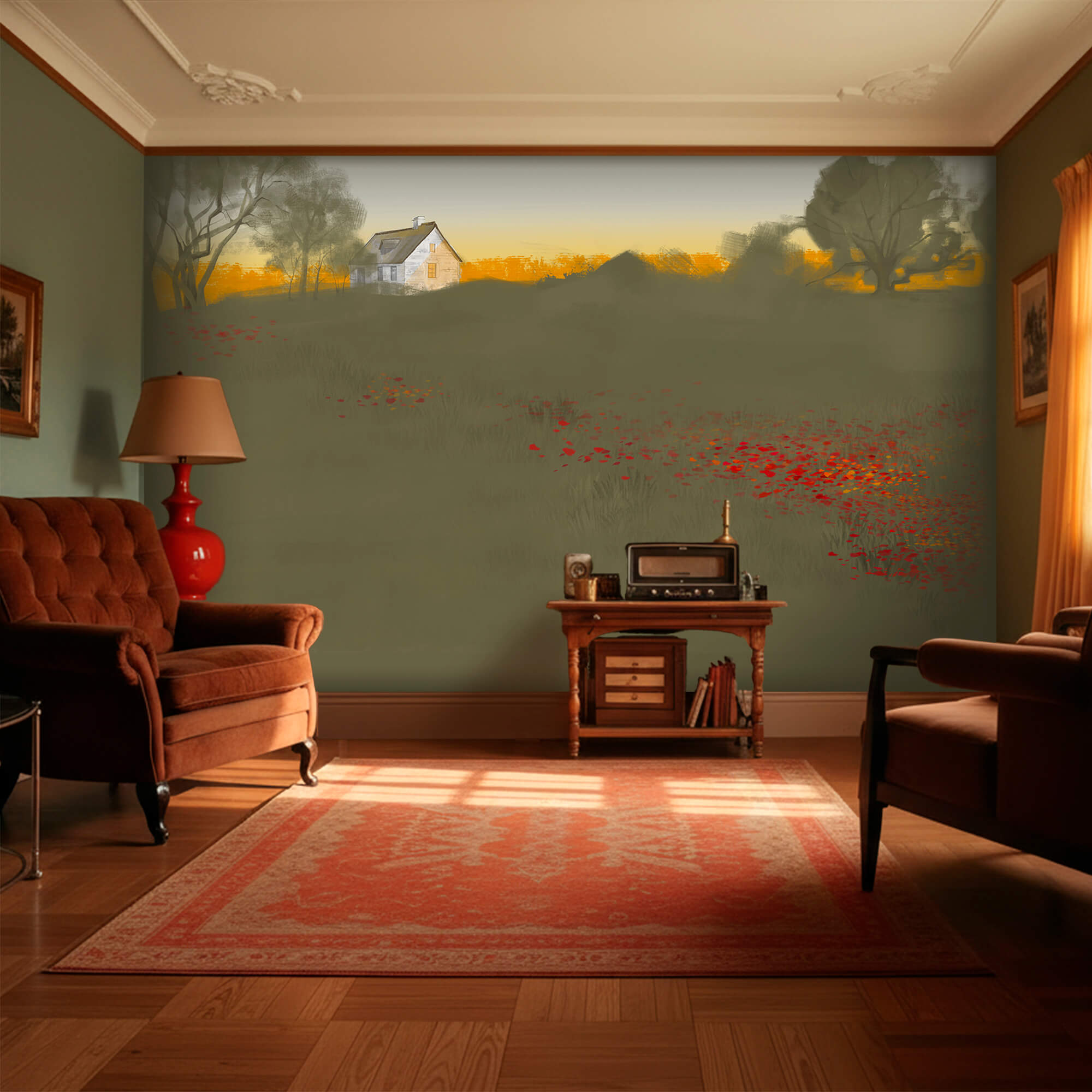 Champ de fleurs rouges avec une maison en arrière-plan