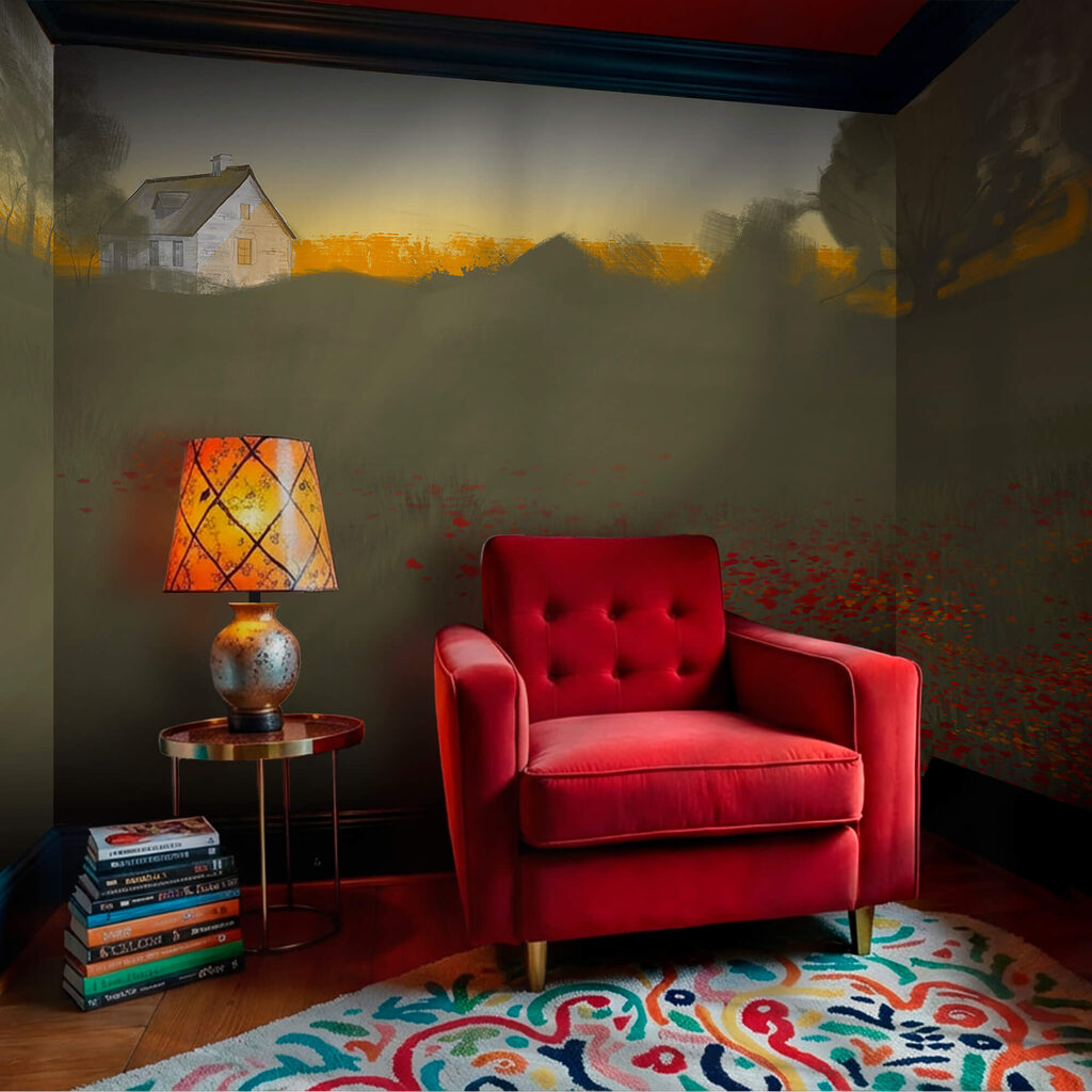 Champ de fleurs rouges avec une maison en arrière-plan