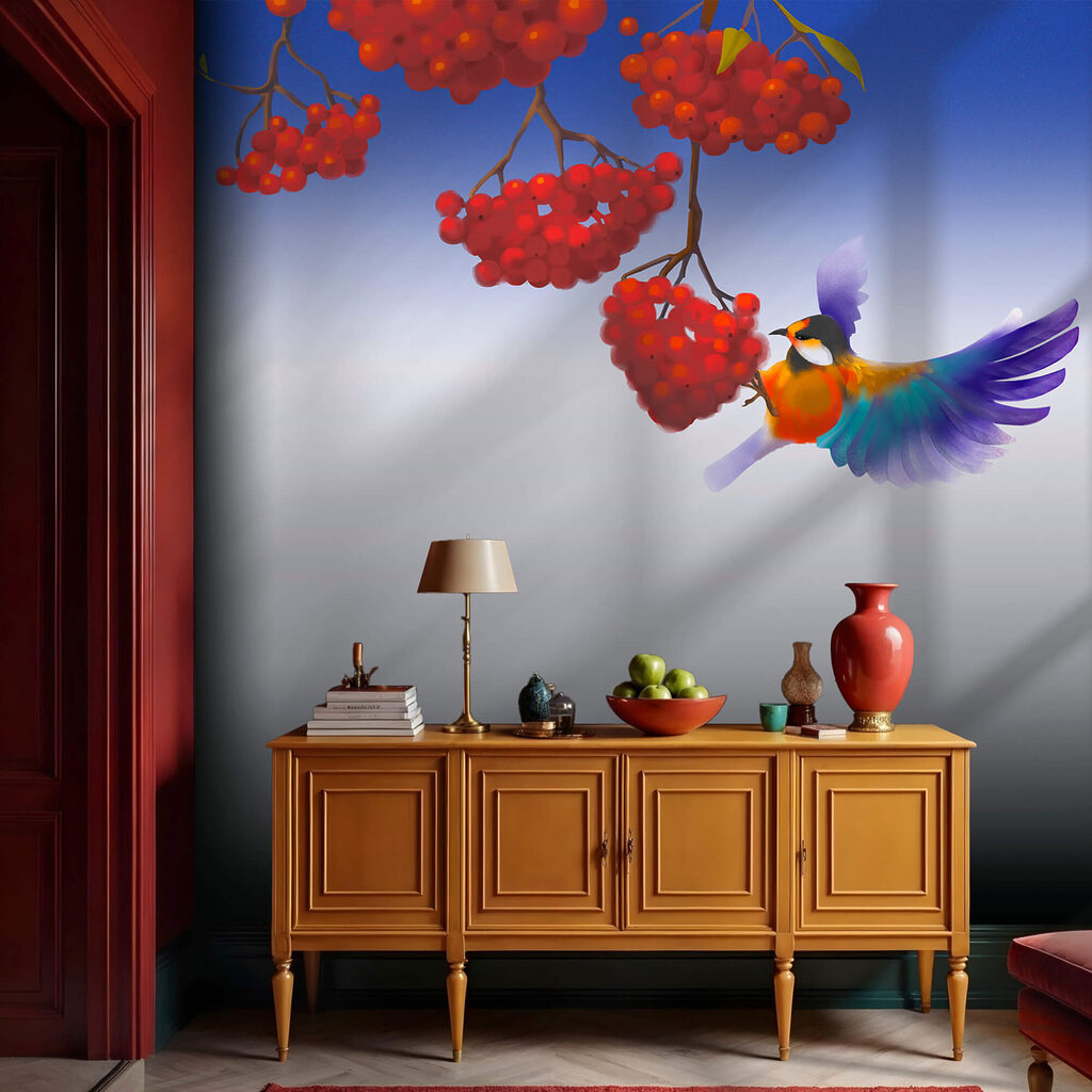 Oiseau mangeant une grappe de baies rouges