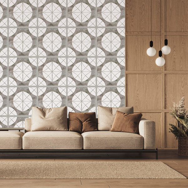 Motif composé de cercles blancs et de carrés gris