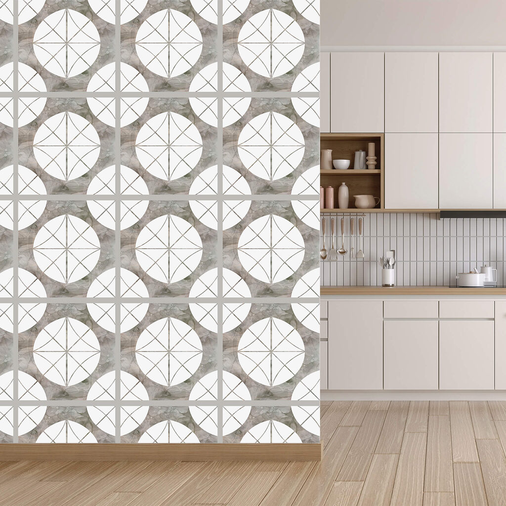 Motif composé de cercles blancs et de carrés gris