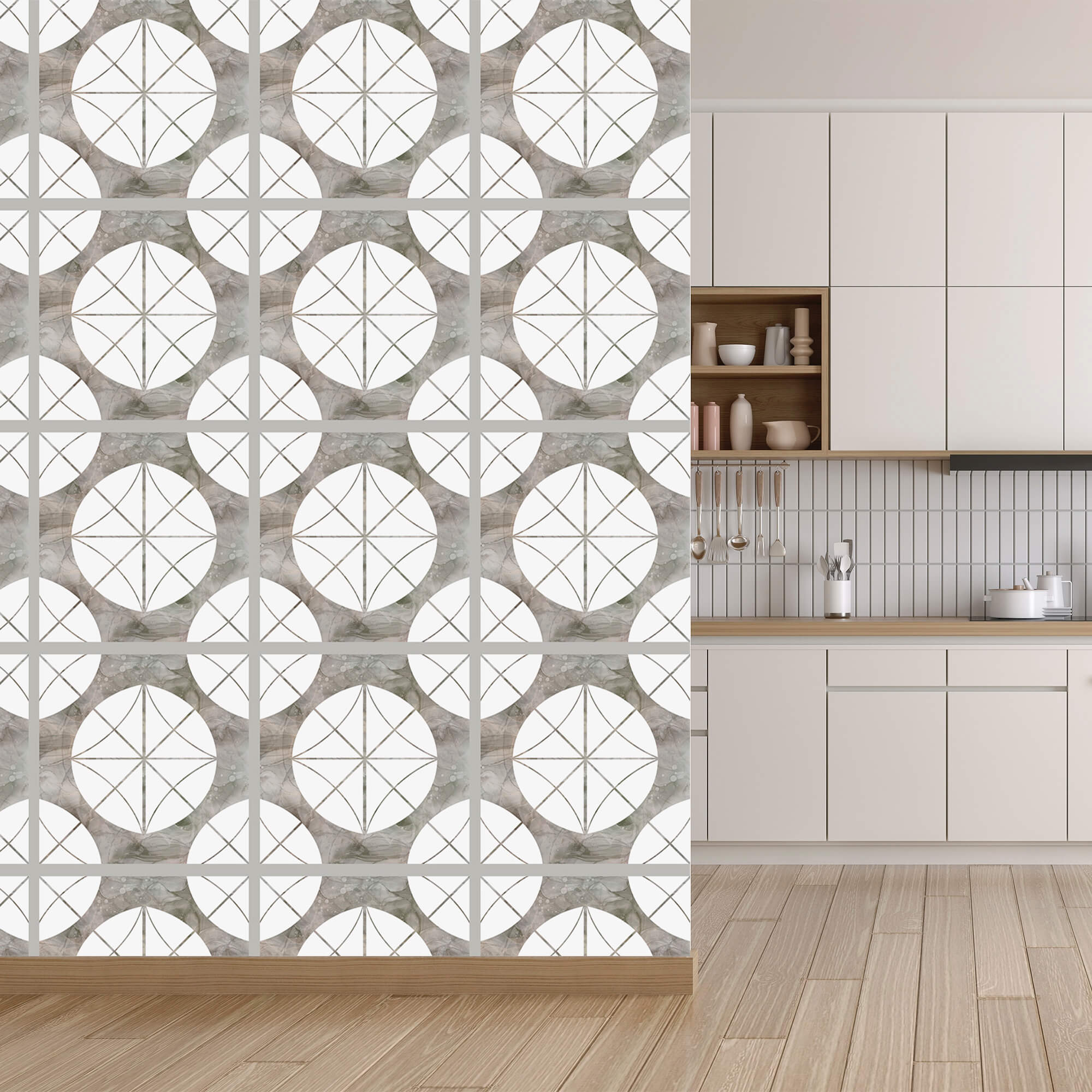 Motif composé de cercles blancs et de carrés gris