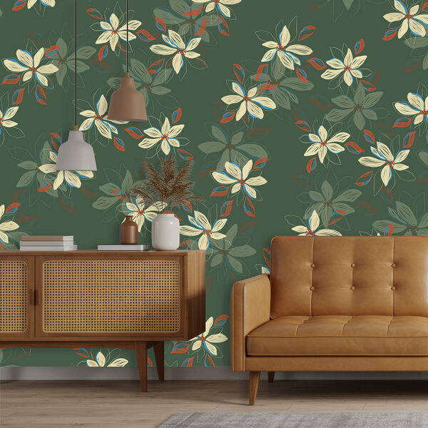 Motif de fleurs blanches et de feuilles rouges sur fond vert