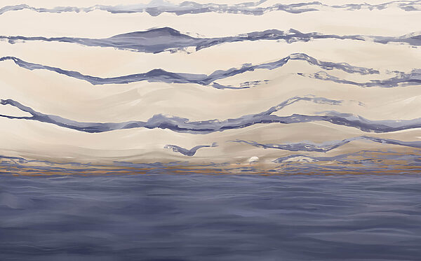 Water with waves and birds flying