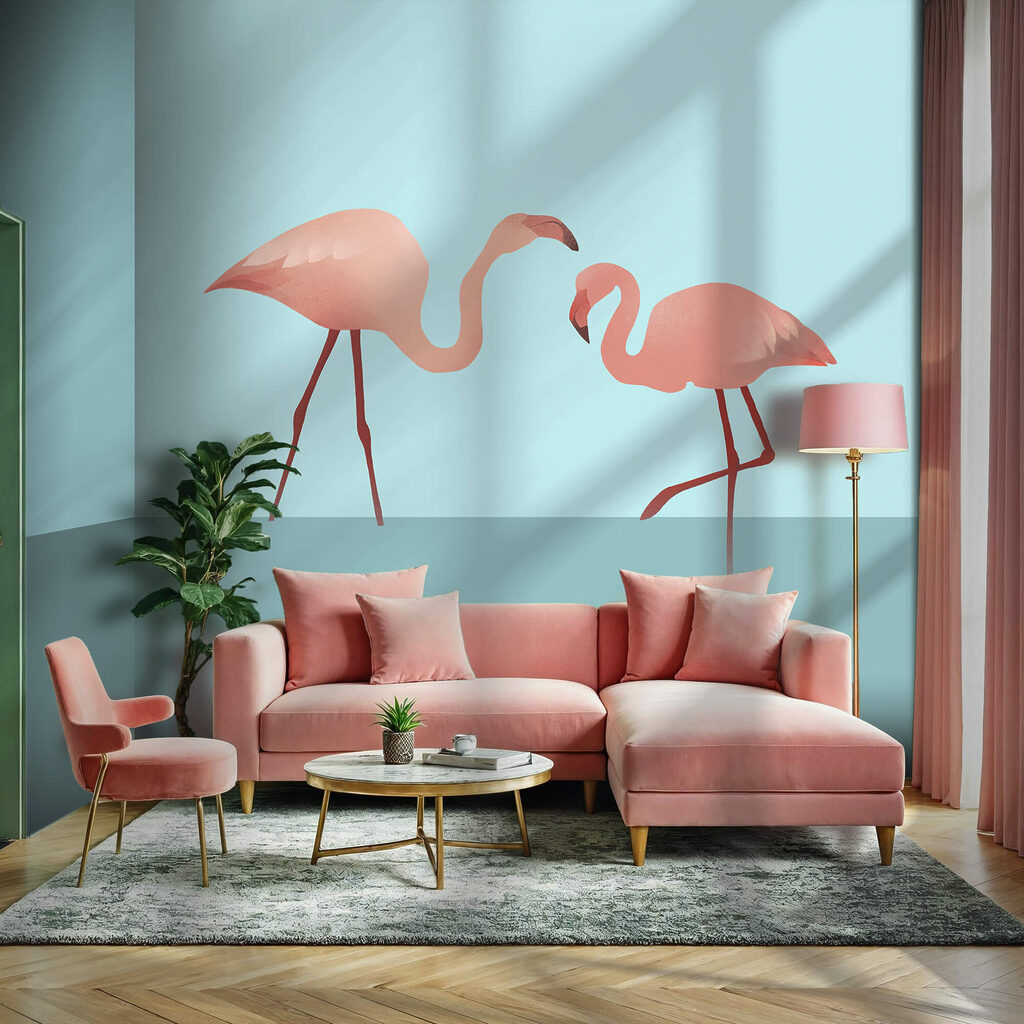 Groupe de flamants roses debout dans l'eau