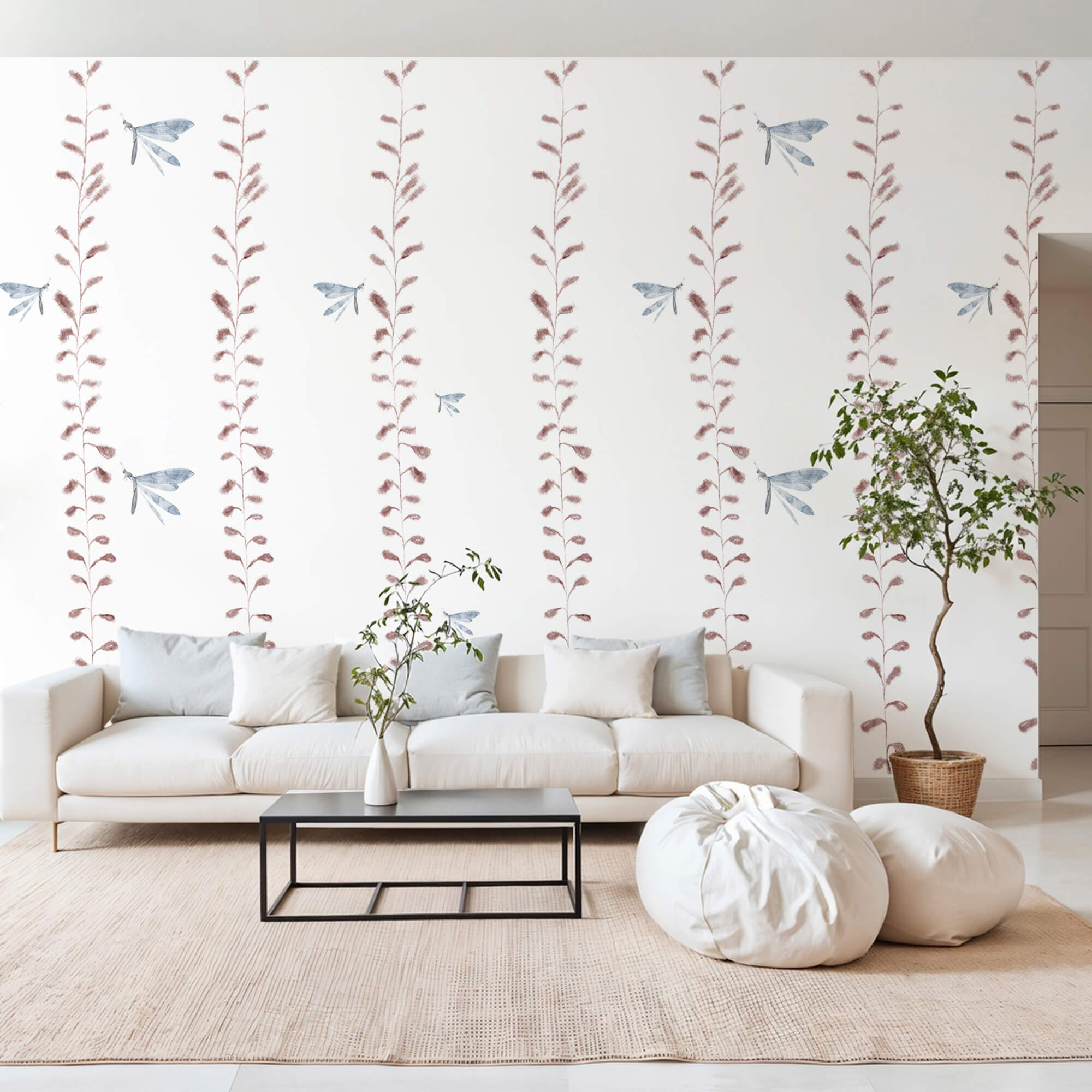 Papier peint avec des libellules et des feuilles