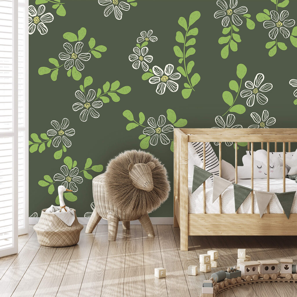 Motif composé de fleurs blanches et de feuilles vertes