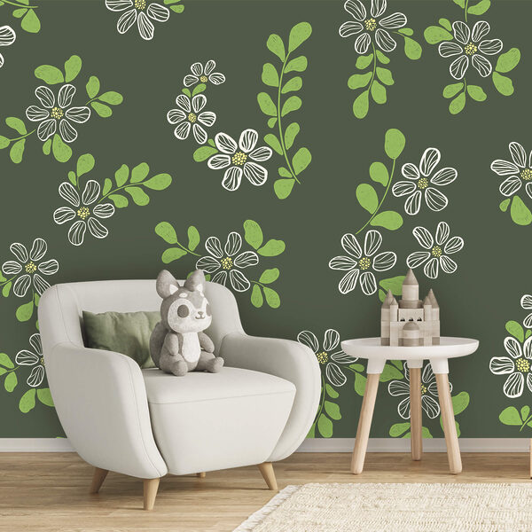 Motif composé de fleurs blanches et de feuilles vertes