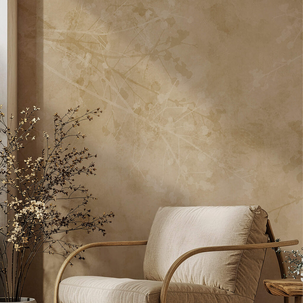 Fond beige avec des branches et des feuilles