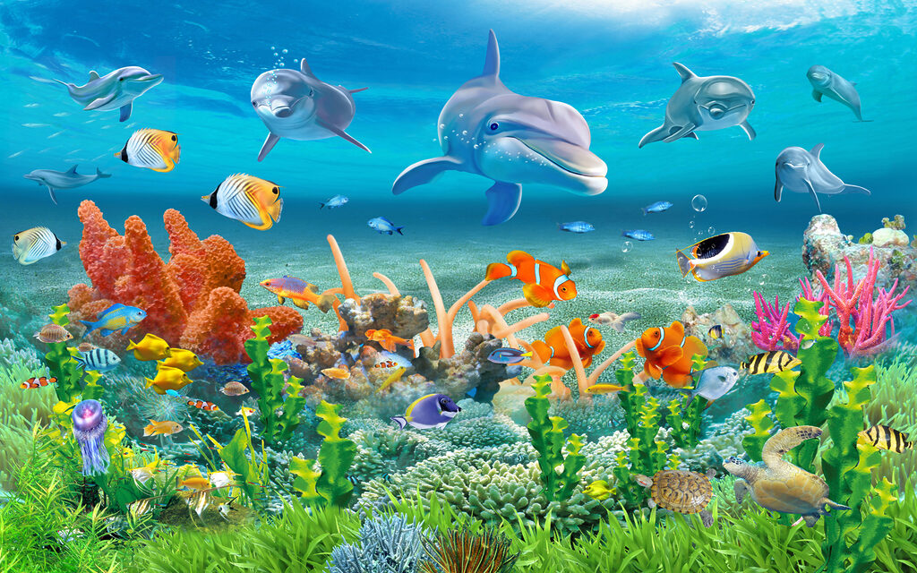 Group of fish and dolphins swimming in the ocean