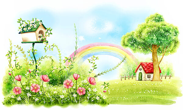 Rainbow and flowers in a green field