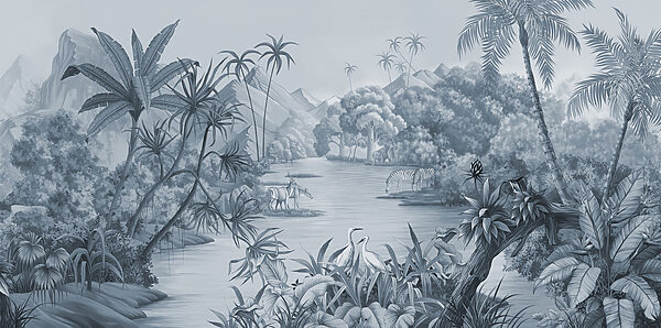 A river with zebras and mountains