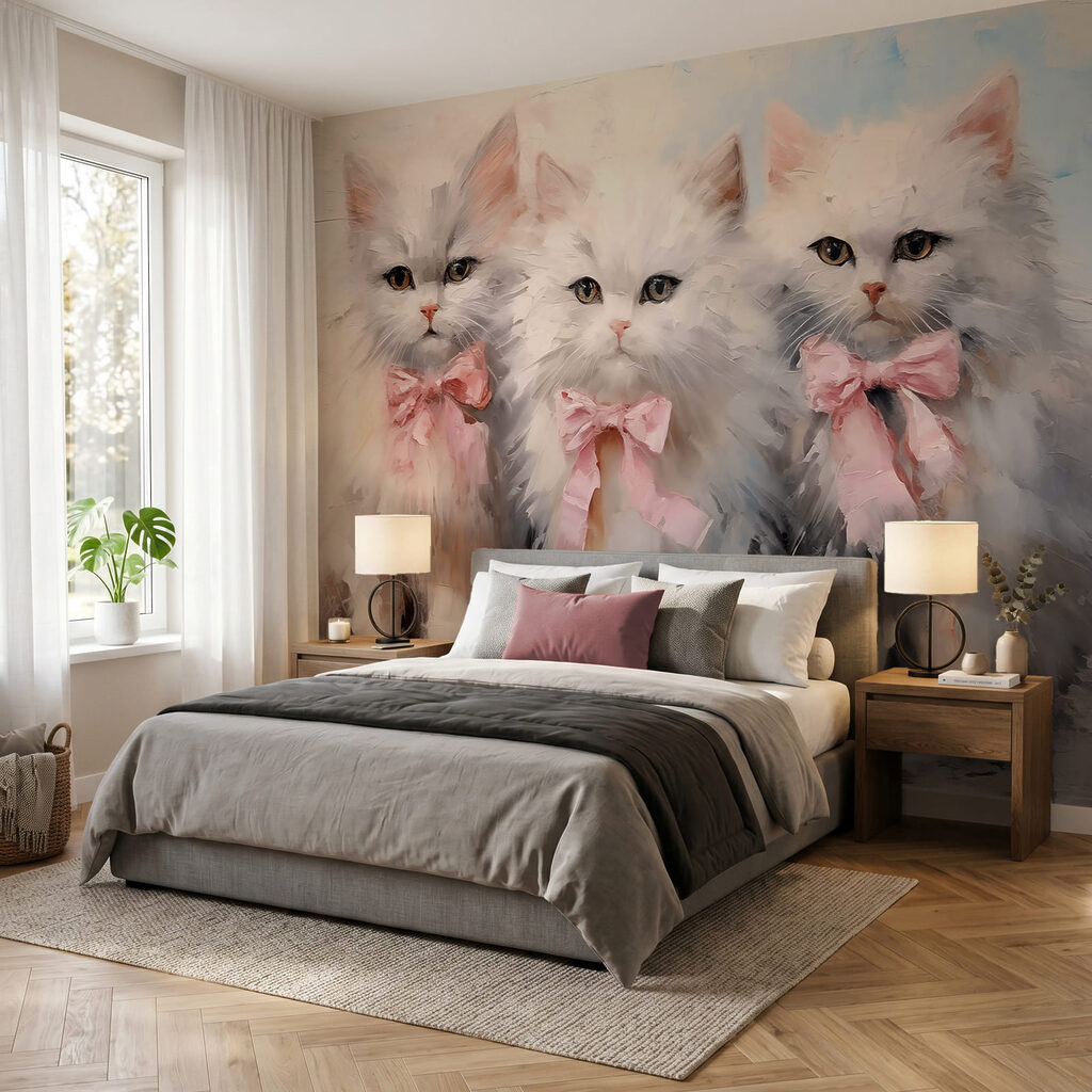 Un groupe de chats blancs avec des nœuds roses