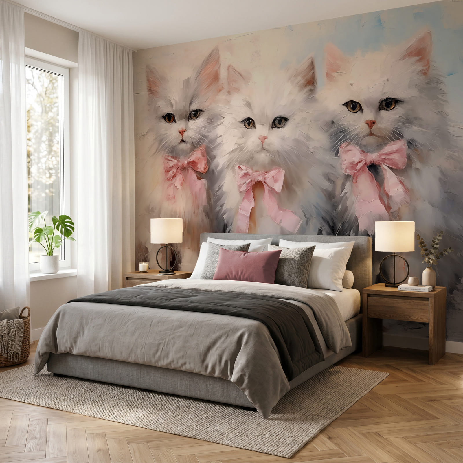 Un groupe de chats blancs avec des nœuds roses