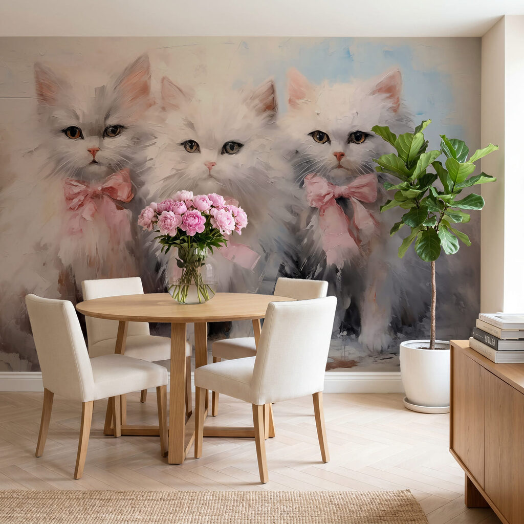 Un groupe de chats blancs avec des nœuds roses