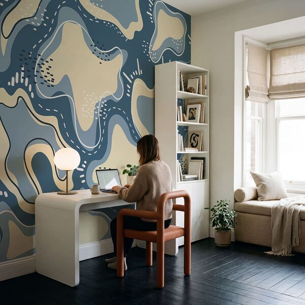 Fond bleu et blanc avec des motifs blancs et jaunes