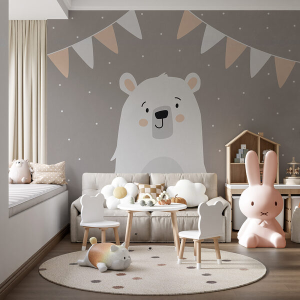 Un ours blanc avec une guirlande de drapeaux