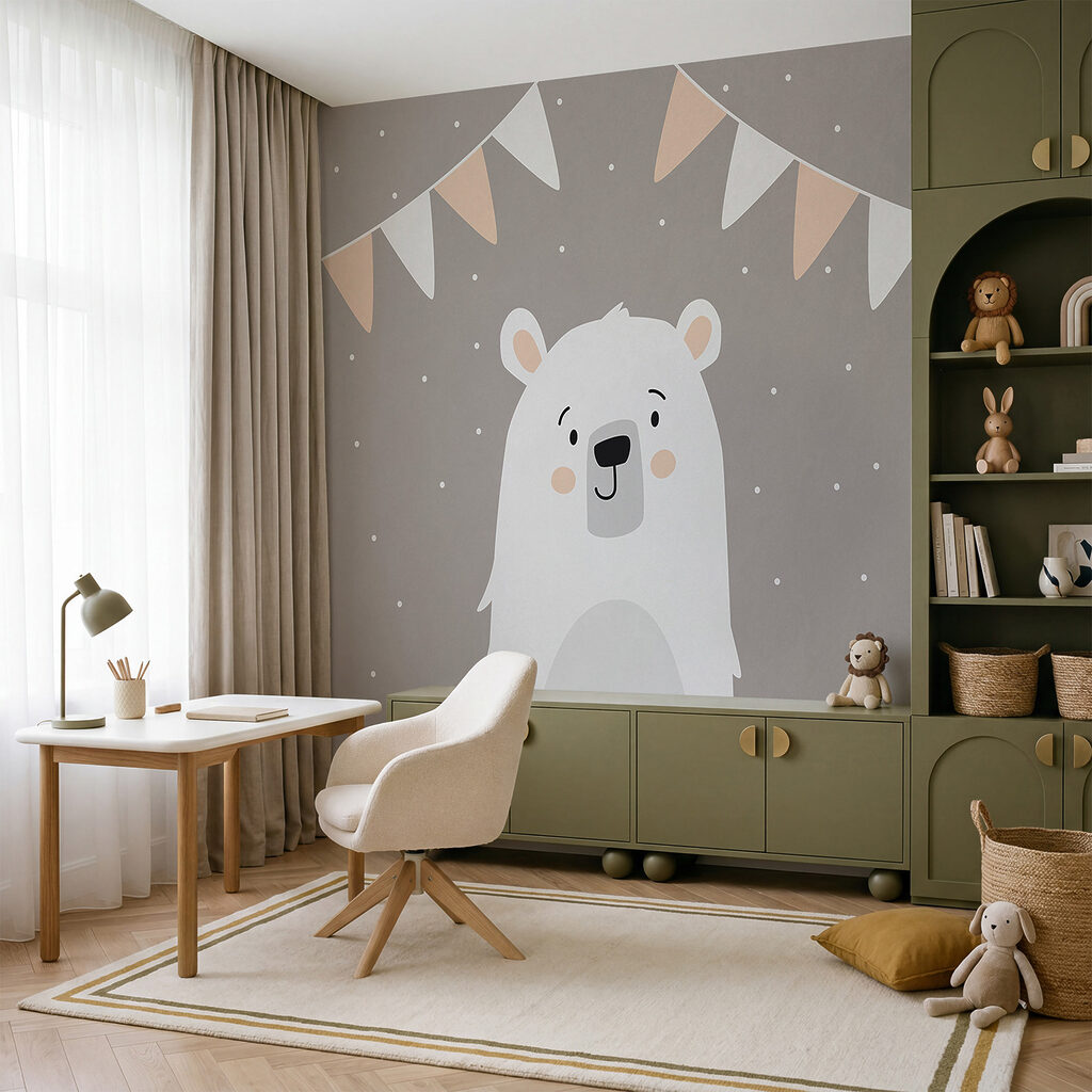 Un ours blanc avec une guirlande de drapeaux