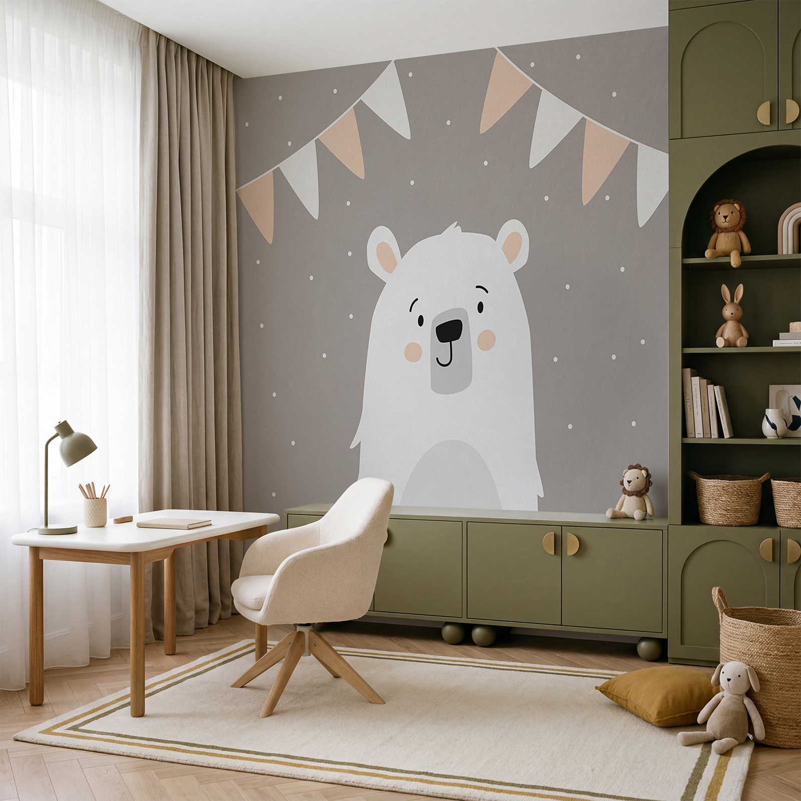 Un ours blanc avec une guirlande de drapeaux