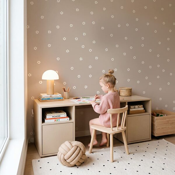 Motif composé de petites fleurs blanches sur fond beige