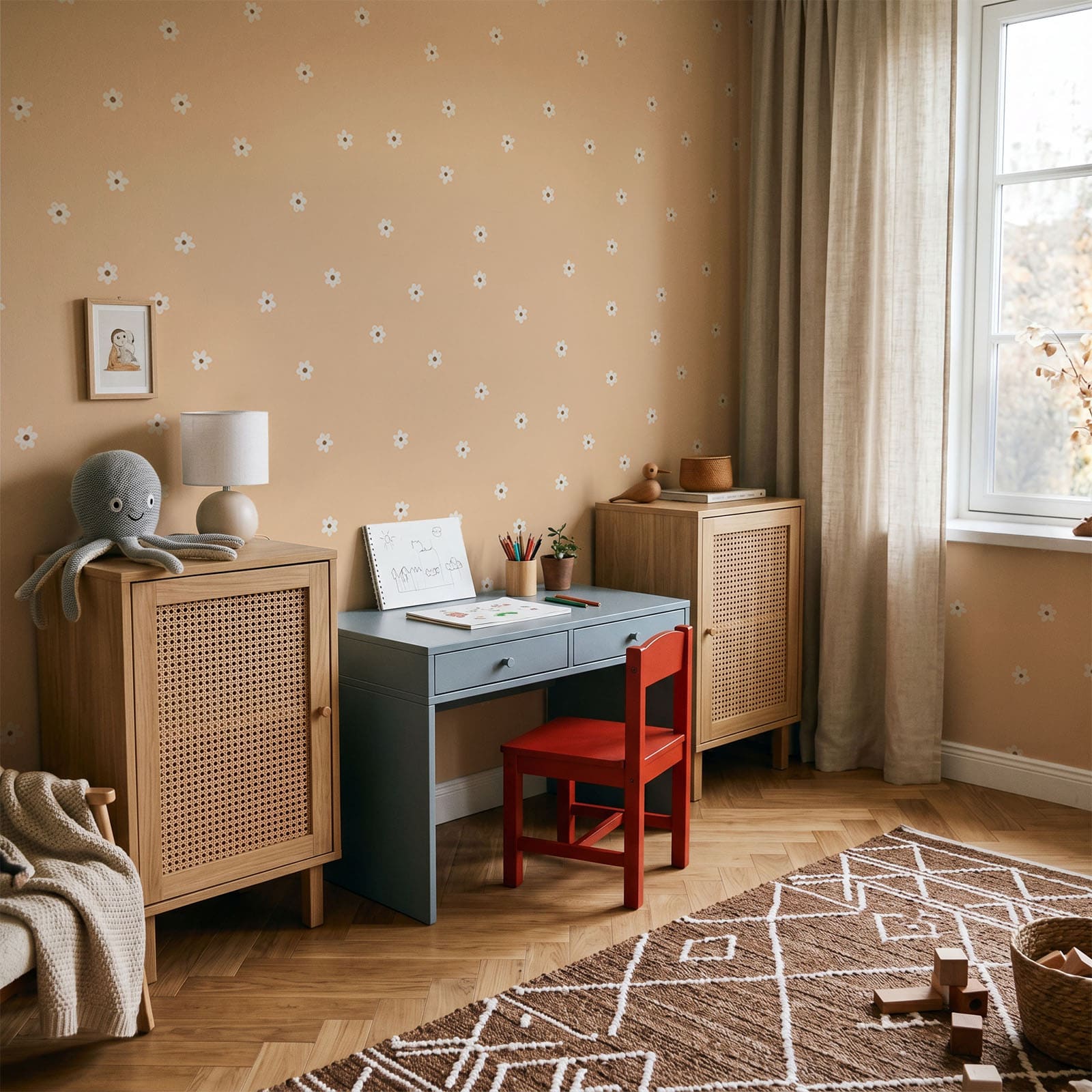 Motif composé de petites fleurs blanches sur fond beige Motif composé de petites fleurs blanches sur fond beige