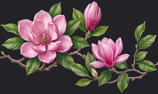 Group of pink flowers with green leaves