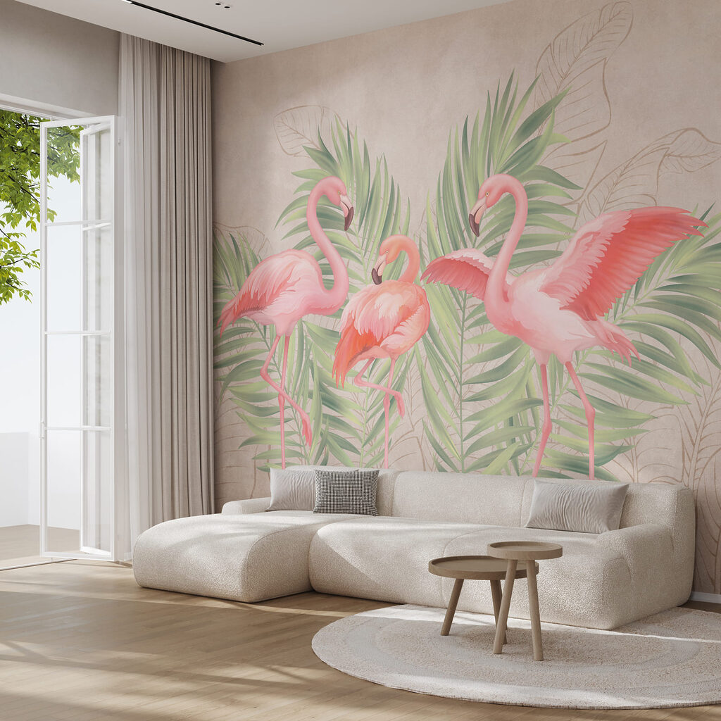 Groupe de flamants roses avec des feuilles vertes Groupe de flamants roses avec des feuilles vertes