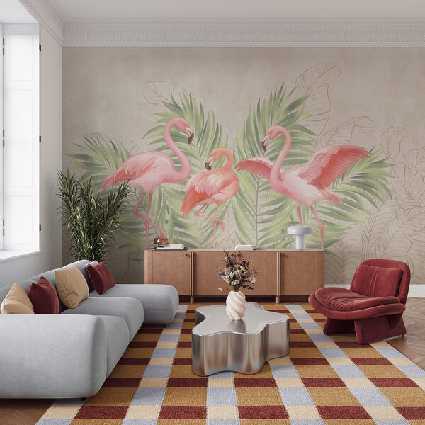 Groupe de flamants roses avec des feuilles vertes Groupe de flamants roses avec des feuilles vertes