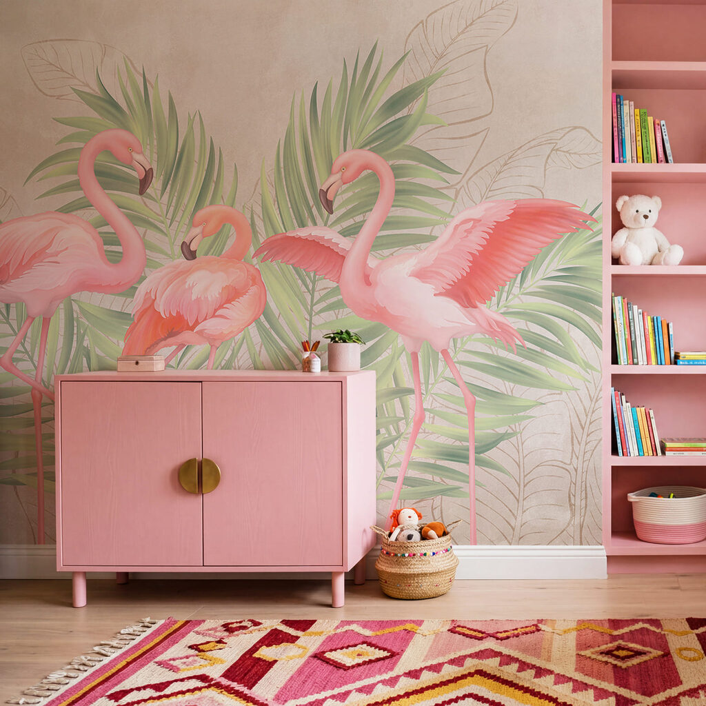 Groupe de flamants roses avec des feuilles vertes Groupe de flamants roses avec des feuilles vertes