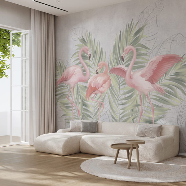 Groupe de flamants roses avec des feuilles vertes Groupe de flamants roses avec des feuilles vertes