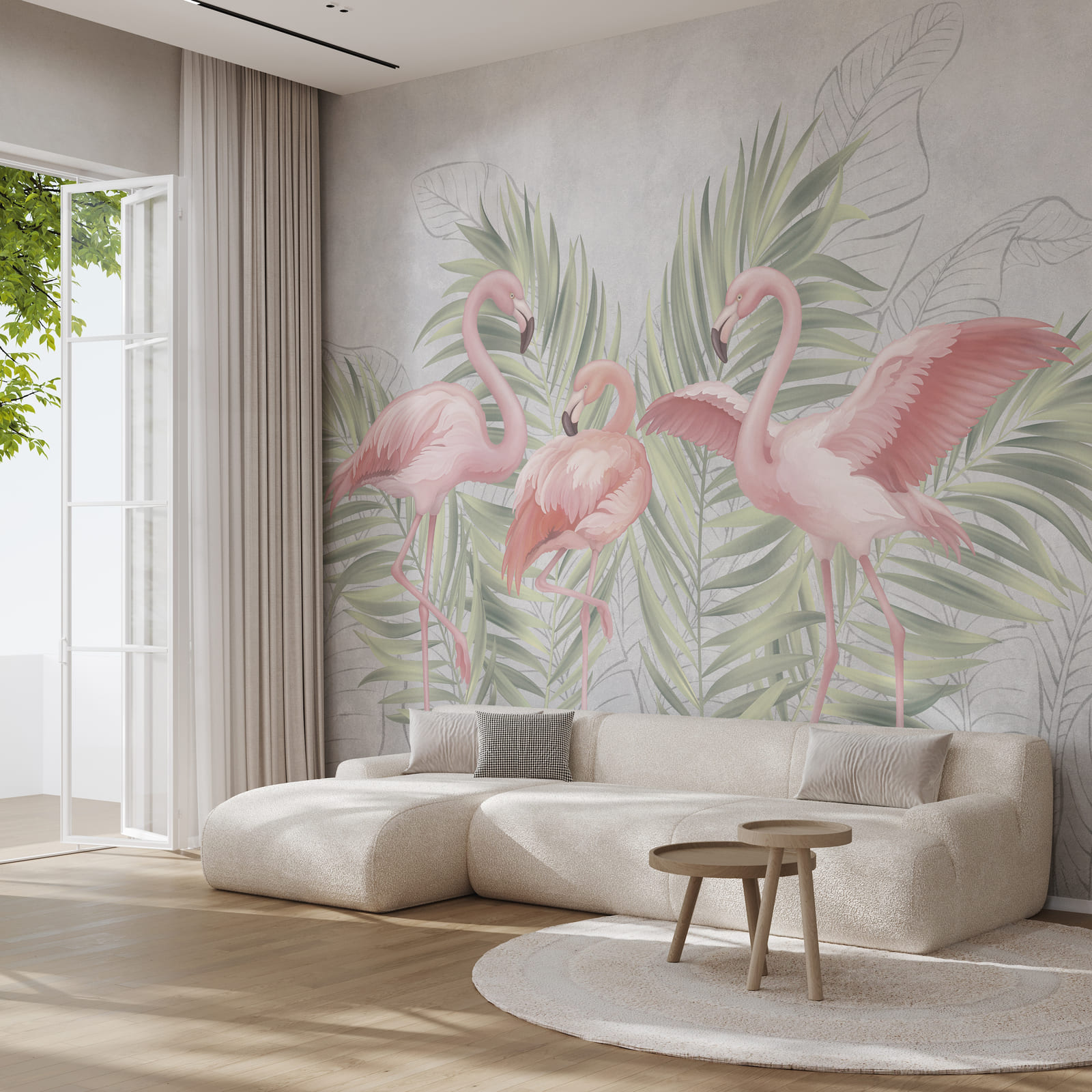 Groupe de flamants roses avec des feuilles vertes Groupe de flamants roses avec des feuilles vertes