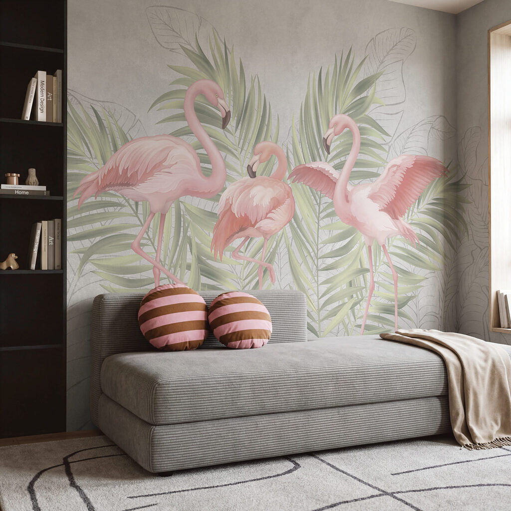Groupe de flamants roses avec des feuilles vertes Groupe de flamants roses avec des feuilles vertes