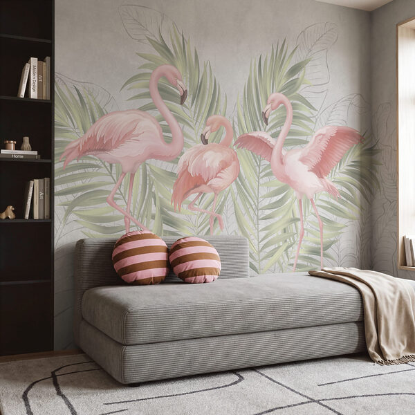 Groupe de flamants roses avec des feuilles vertes Groupe de flamants roses avec des feuilles vertes
