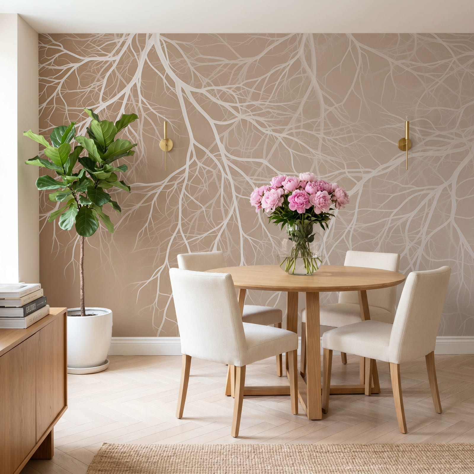 Des branches blanches sur un fond beige