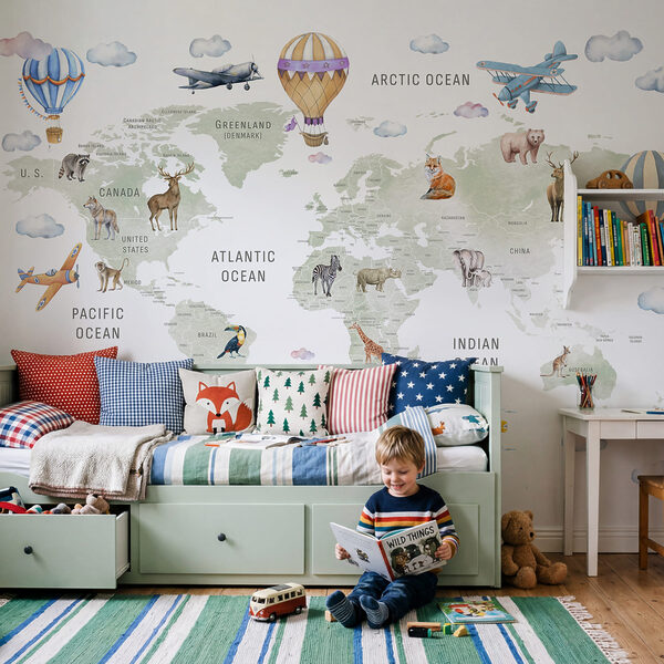 Carte du monde avec des animaux et des oiseaux Carte du monde avec des animaux et des oiseaux