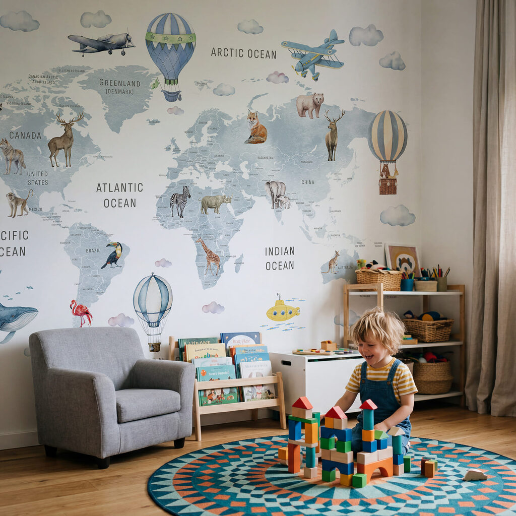 Carte du monde avec des animaux et des oiseaux Carte du monde avec des animaux et des oiseaux
