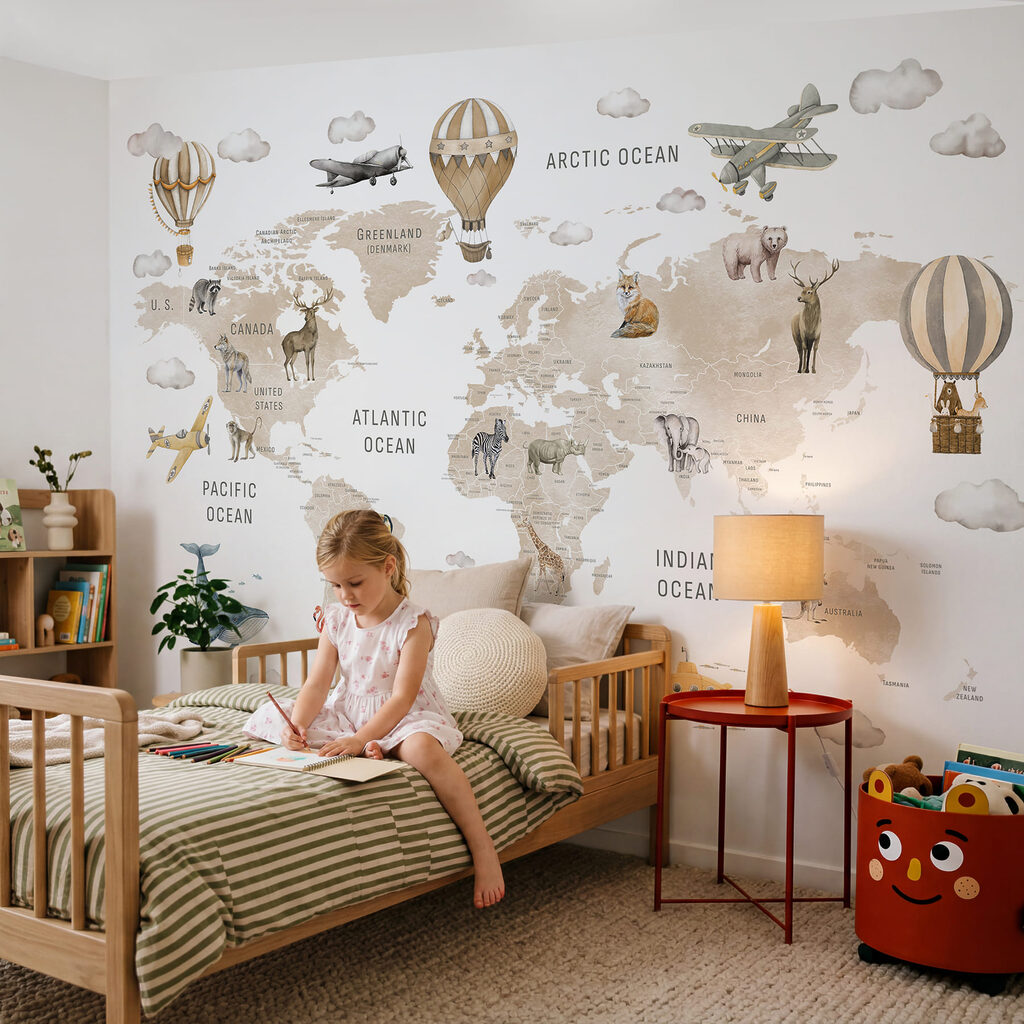 Carte du monde avec des animaux et des montgolfières Carte du monde avec des animaux et des montgolfières