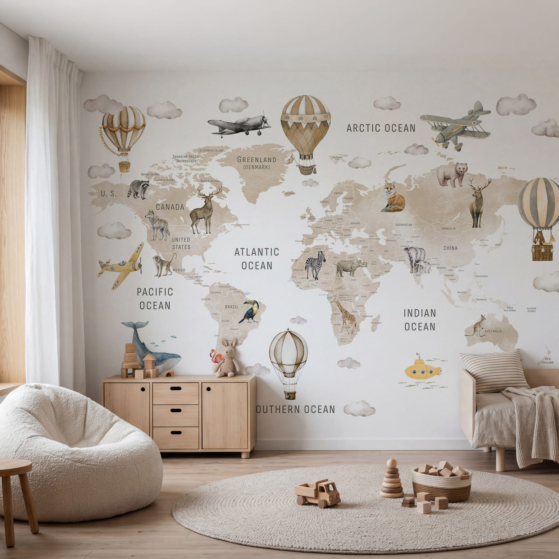 Carte du monde avec des animaux et des montgolfières Carte du monde avec des animaux et des montgolfières