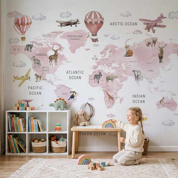 Carte du monde avec des animaux et des oiseaux Carte du monde avec des animaux et des oiseaux