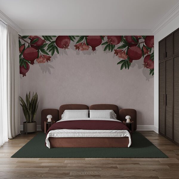 Papier peint orné d'un motif de fruits rouges et de fleurs Papier peint orné d'un motif de fruits rouges et de fleurs