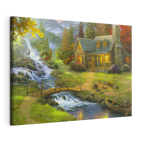 Peinture d'une cabane en rondins avec un pont au-dessus d'une rivière Tableaux Peinture d'une cabane en rondins avec un pont au-dessus d'une rivière
